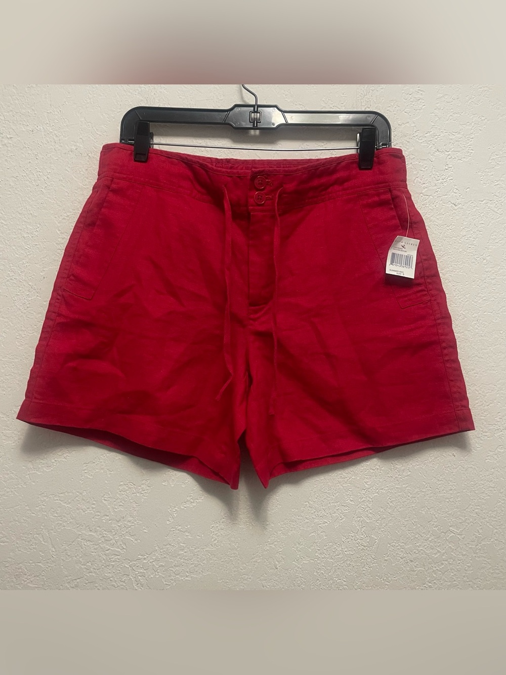 Lauren Ralph Lauren 100% Linen Shorts Womens 6 Red Elastic Waist Drawstring NEW